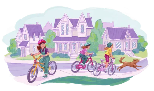 Girl riding bike in opposite direction from other girls who are following the dog