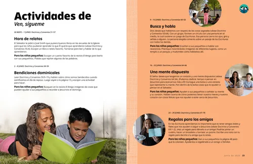 Página en PDF de una niña que sostiene las Escrituras en un círculo de niños sentados