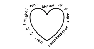 stregtegning af hjerte med skriftstedshenvisning og nøglesætning for Moroni 7:45-48 omkring hjertet i tilfældig rækkefølge