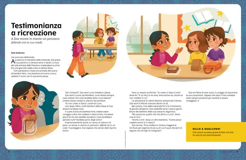 PDF della storia di una bambina a pranzo con l’aria spaventata e che poi parla con due bambine a un tavolo da pranzo