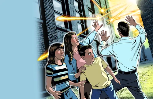 family turning away from danger