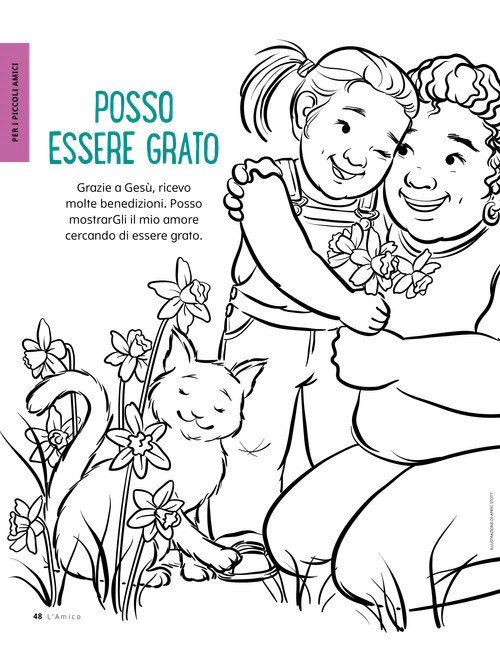 PDF della pagina da colorare di una bambina sorridente che abbraccia una donna e le regala dei fiori, con un gatto seduto vicino