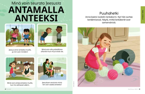 PDF-sivu, jossa kaksi lasta on keinumassa, poika on ilkeä toista poikaa kohtaan, lapsi ojentaa leikkiauton toiselle lapselle, tyttö kertoo äidilleen rikkoneensa maljakon