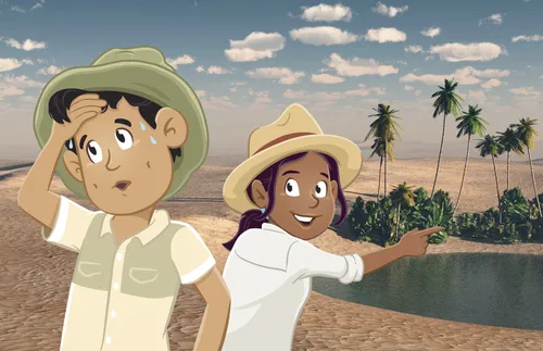 brother and sister in desert pointing to oasis