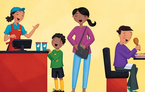 Mom and son ordering food at a restaurant