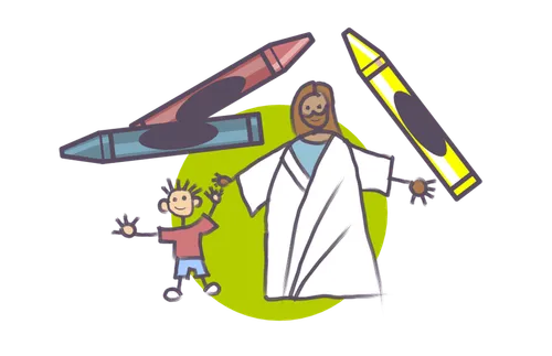 crayons and drawings of Jesus and child