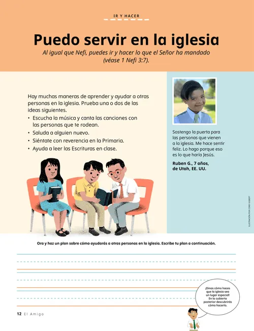 Página en PDF de niños leyendo las Escrituras en la Primaria, además de líneas para una actividad de escritura