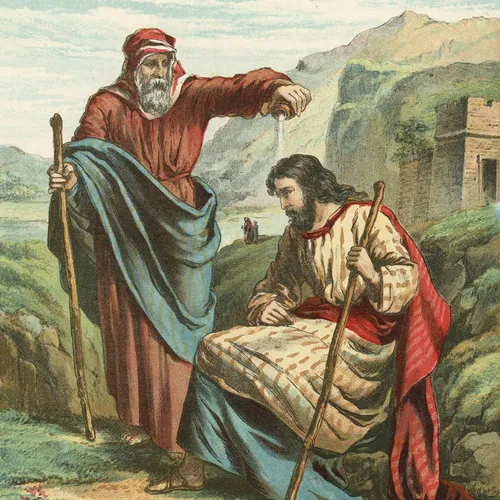 an illustration of Samuel blessing Saul by pouring oil on his head