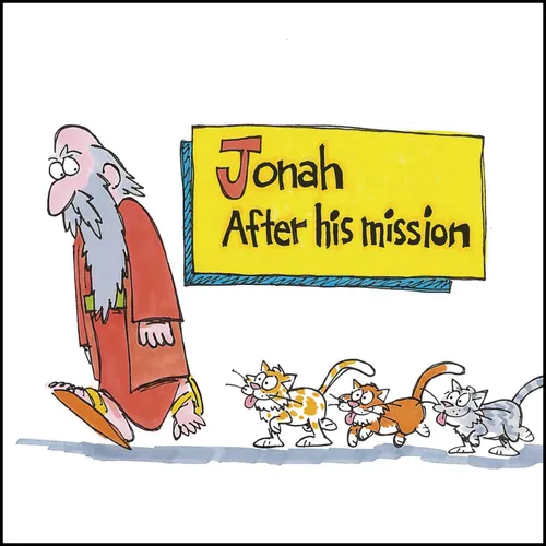 man with cats following him