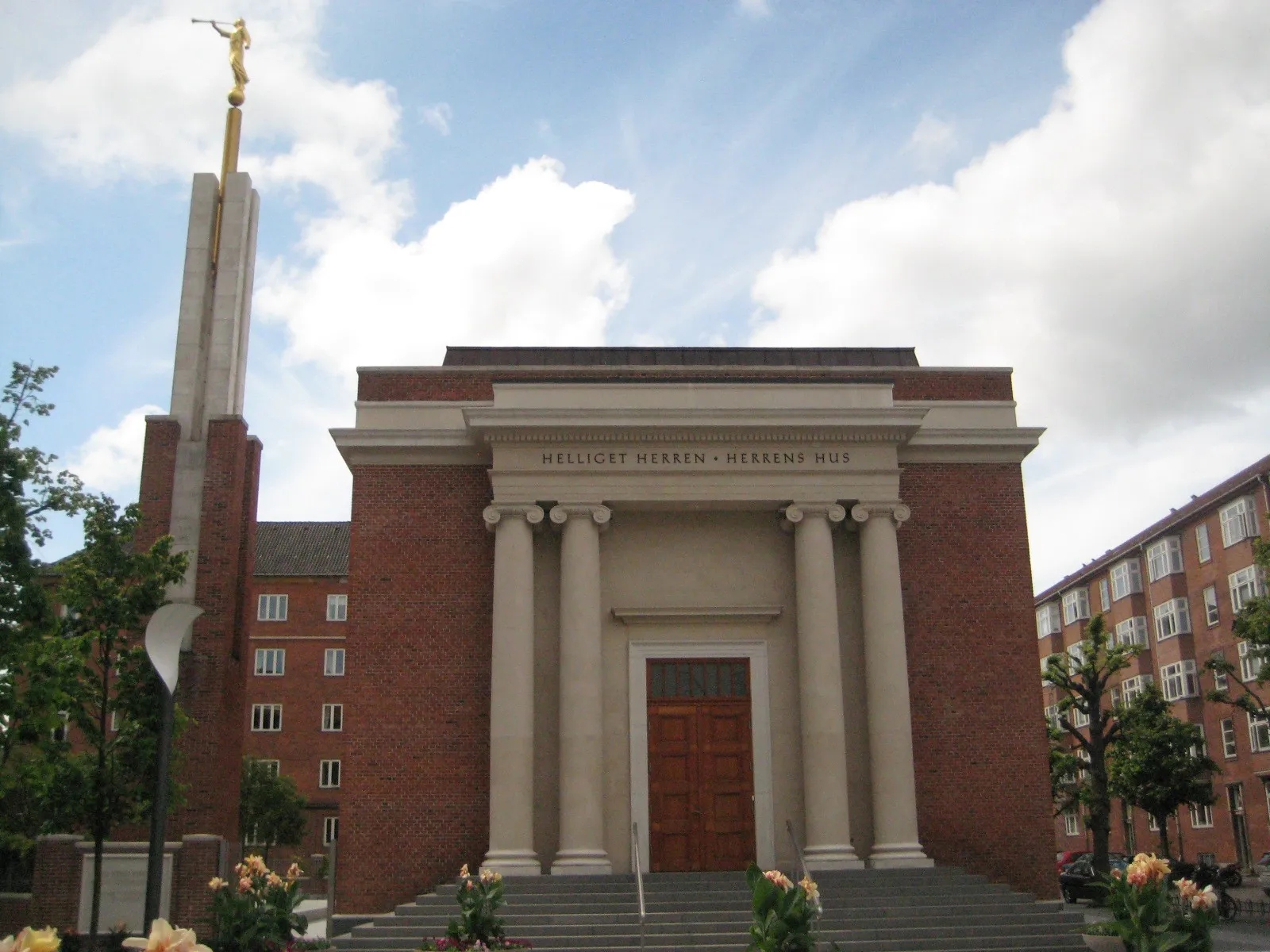 The front view of the Copenhagen Denmark Temple, including scenery.