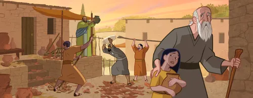 A man and a girl observe people destroying their pottery.