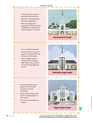 Page PDF of temple cards showing temples in São Paulo, Brazil; Nuku’alofa Tonga; and Sapporo, Japan