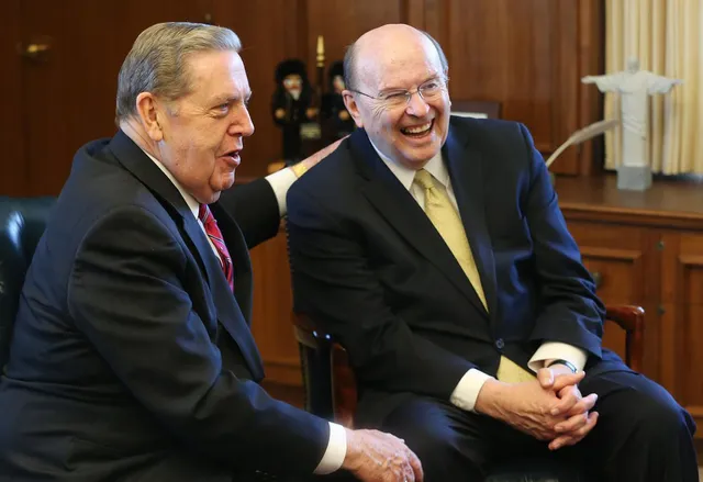 Elder Jeffrey R. Holland and Elder Quentin L. Cook reflect on missionary service together in England, in Salt Lake City, Utah, on July 14, 2017.