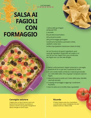 Pagina PDF di una ciotola di tortilla chips, una teglia di salsa di fagioli e pomodori