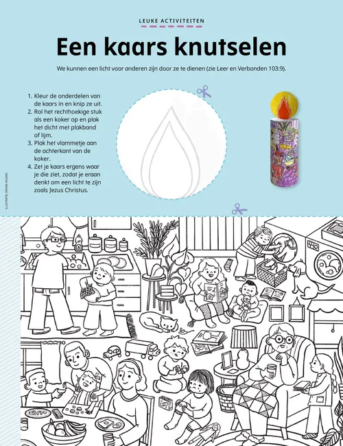 Illustraties die laten zien hoe je een papieren kaars kunt knutselen, plus een kleuractiviteit van mensen die lief zijn