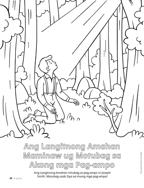 PDF sa koloranan nga pahina nga adunay hulagway ni Joseph Smith nga nag-ampo diha sa Sagradong Kakahoyan