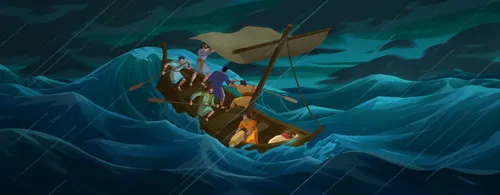Jesus and His disciples in a boat.