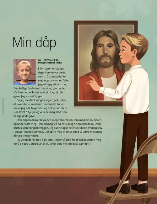 PDF-side med illustrasjon av en gutt som står på en stol og ser på et maleri av Jesus Kristus