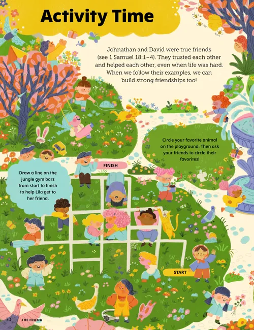 Page PDF with illustration of a park with a playground, pond, sandbox, fountain, grass, and children playing