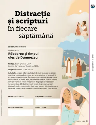 Pagină PDF cu ilustrații înfățișându-i pe Avraam, Sara și pruncul Isaac.