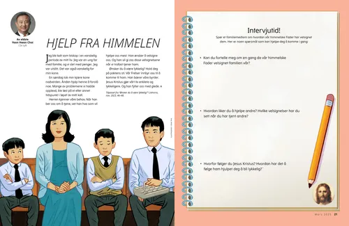 PDF-side av en familie som sitter i kirken, pluss en intervjuaktivitet om slektshistorie