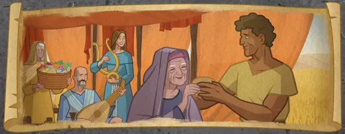 A man giving bread to a woman.