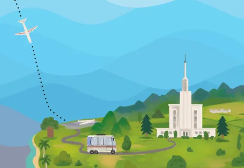 An airplane flying to a temple with a bus driving toward it