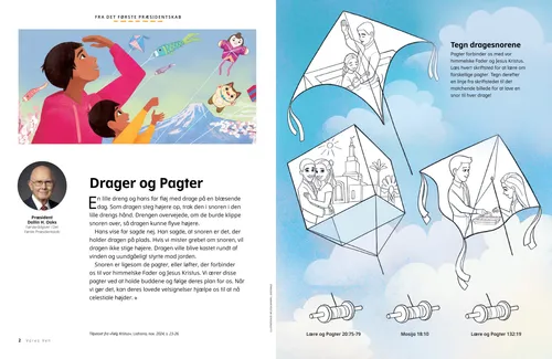 PDF-side med illustration af en mand og dreng, der ser på drager på himlen; samt en aktivitet med at farvelægge drager