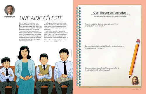 Page au format PDF : une famille assise à l’église et une activité pour faire un entretien d’histoire familiale