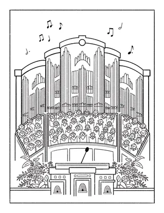 Coloring page of choir and organ pipes behind the pulpit inside the Conference Center