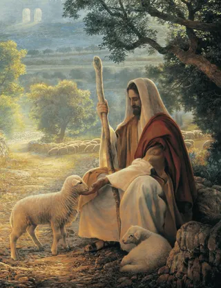 Fine art painting of Jesus Christ dressed as a shepherd and feeding a sheep