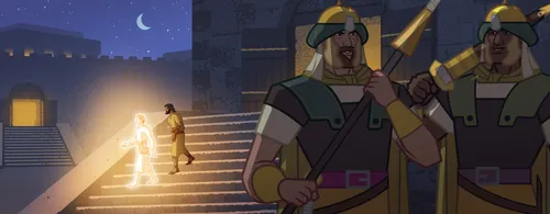 The angel leads Peter past the guards.