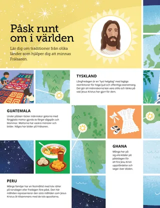 Pdf-sida med en illustration av en jordglob och påsksymboler från hela världen.