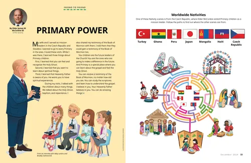 PDF of general authority message with an illustration of a man talking to Primary kids and an activity with Nativities from around the world