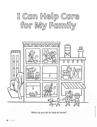 Coloring page PDF of a family doing different chores in a house