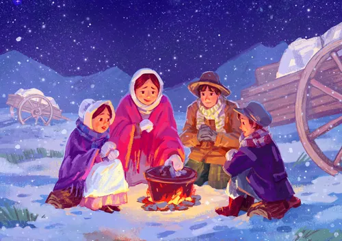 Pioneer family gathered around a pot on the fire