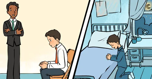 boys at church and boy praying at bedside