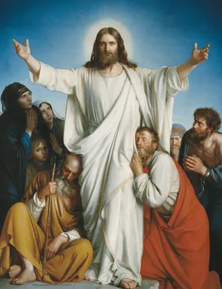 Jesus Kristus med utsträckta armar omgiven av människor