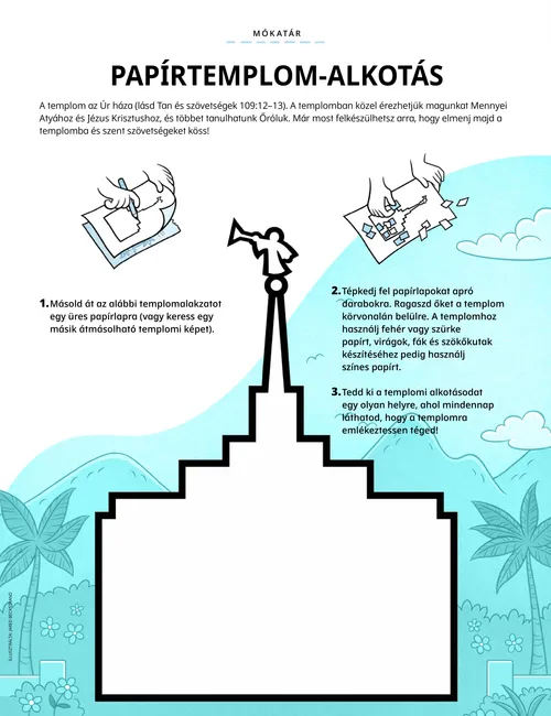 PDF-oldal egy templom körvonalainak, valamint tépkedett papírdísz készítésének az illusztrációjával