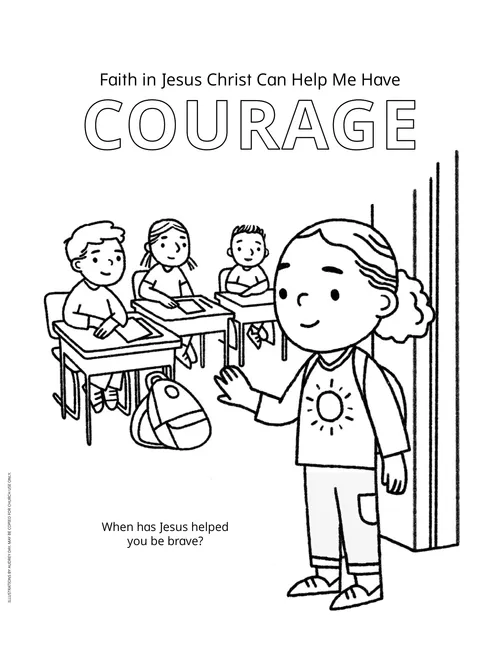 Coloring page PDF of a child standing in the doorway of a classroom with children sitting at desks