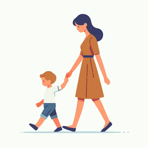 a young mother holding hands with a little boy
