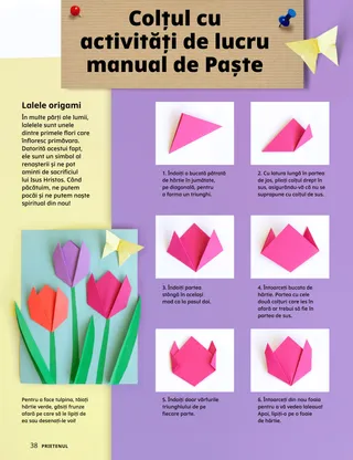 Pagină PDF cu activitate cu lalele origami.