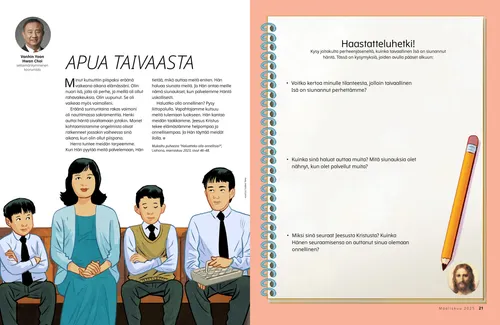 PDF-sivu, jossa perhe istuu kirkossa; lisäksi sukuhistoria-aiheinen haastattelutehtävä