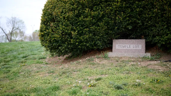 Exterior stone sign that says 'Temple Lot' in Independence Missouri