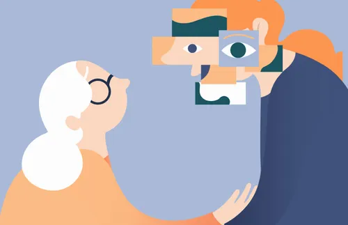 an elderly woman reaches up her hand toward her unrecognizable adult daughter