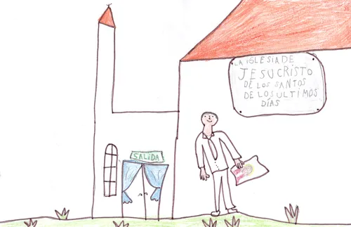 drawing of someone standing in front of a chapel