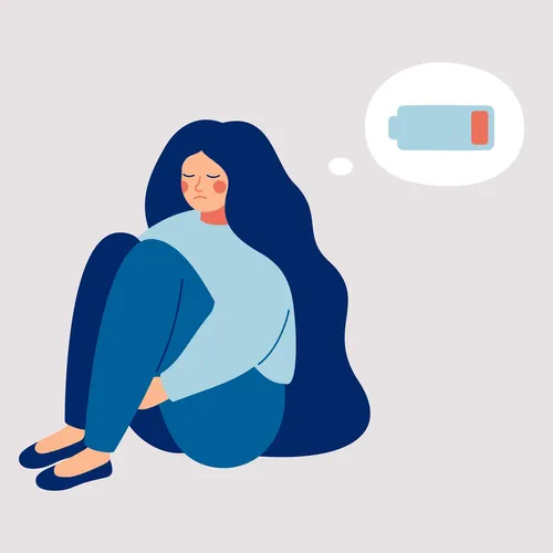 an illustration of a sad woman with a depleted battery above her head