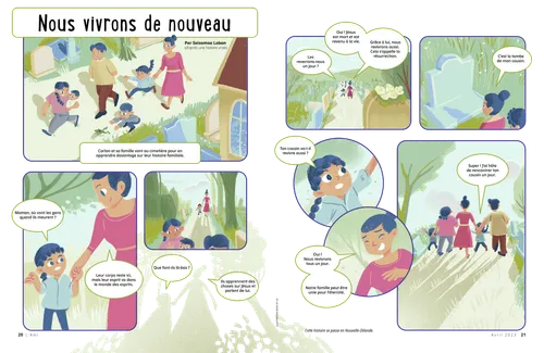 Page au format PDF d’une histoire en bande dessinée d’une famille visitant un cimetière
