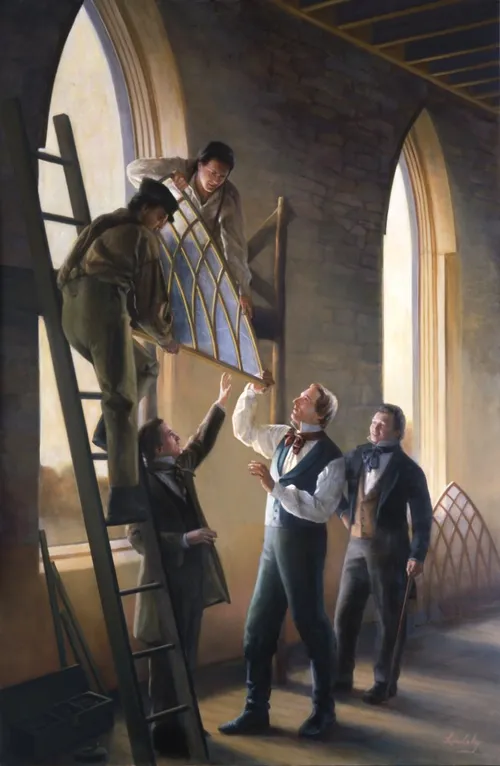 Painting depicting the installation of windows in the Kirtland Temple.