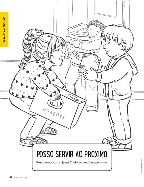 Página para colorir de crianças carregando doações